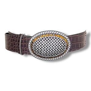 Size 14 Belt Rhinestone Brown Faux Leather Silver Buckle Western Woven Look